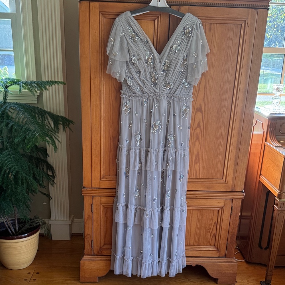 Mac Duggal Light Gray Embellished Maxi Dress